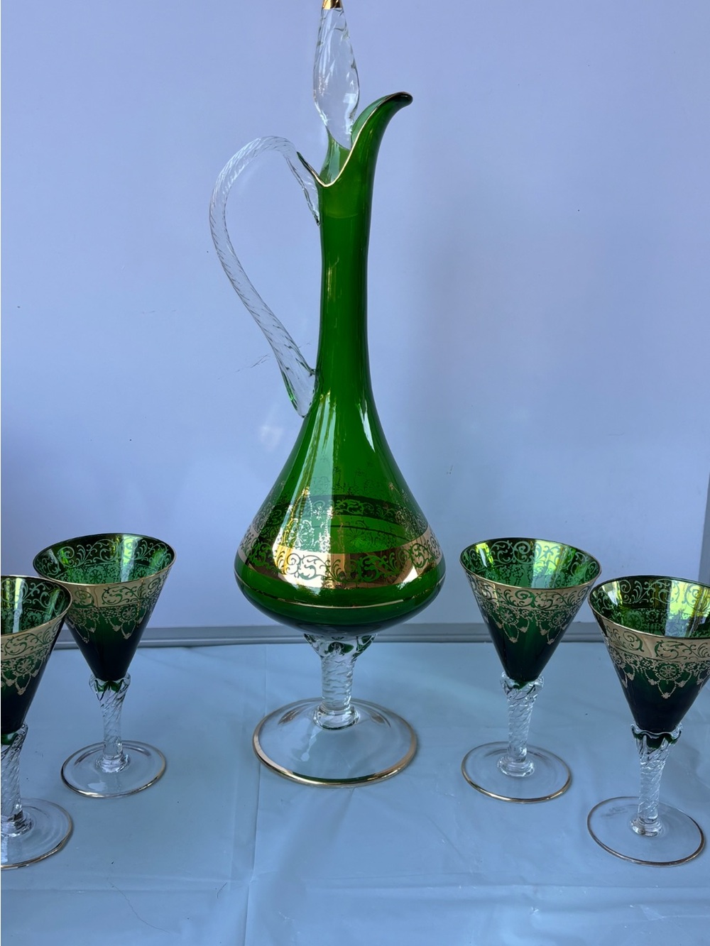 Unique Vintage Venetian emerald green art glass 22k gold wine set of 4